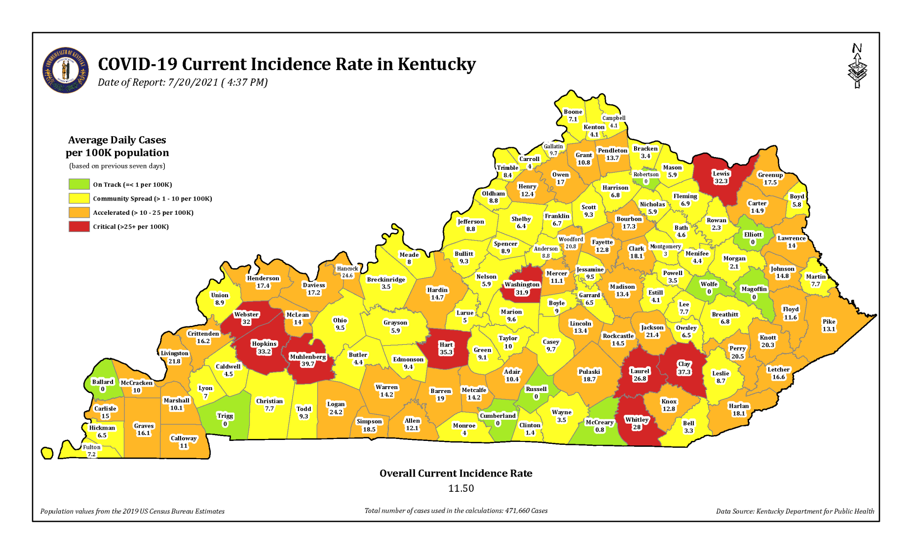 Kentucky COVID-19 incidence rate map 7/20/21